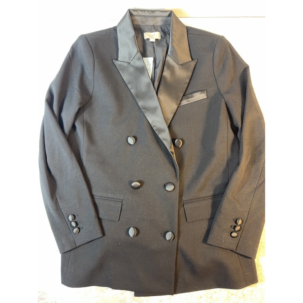 LOFT Petites Tuxedo Blazer Women 8P Black Satin Lapel Double Breasted NWT